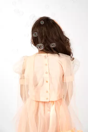 Elaisha girls ruffle detailed crop top & layered skirt with net dupatta set - peach