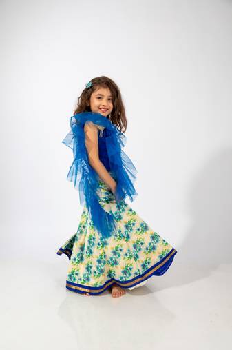 Elaisha girls ruffled spaghetti-strap top &  floral printed skirt set - blue & off white