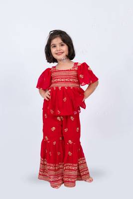 Elaisha girls embroidered cold-shoulder peplum top & sharara pants co-ord set - red 1
