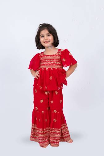 Elaisha girls embroidered cold-shoulder peplum top & sharara pants co-ord set - red