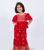 Elaisha girls embroidered cold-shoulder peplum top & sharara pants co-ord set - red