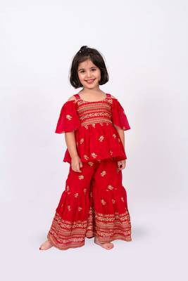Elaisha girls embroidered cold-shoulder peplum top & sharara pants co-ord set - red 2