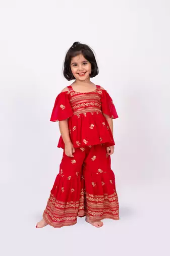 Elaisha girls embroidered cold-shoulder peplum top & sharara pants co-ord set - red