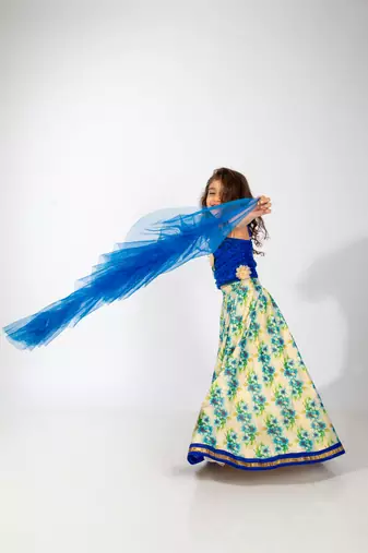Elaisha girls ruffled spaghetti-strap top &  floral printed skirt set - blue & off white