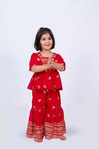 Elaisha girls embroidered cold-shoulder peplum top & sharara pants co-ord set - red