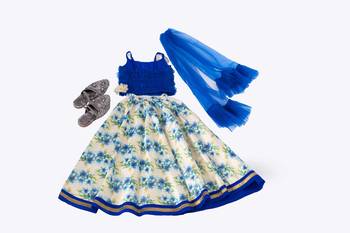 Elaisha girls ruffled spaghetti-strap top &  floral printed skirt set - blue & off white 3