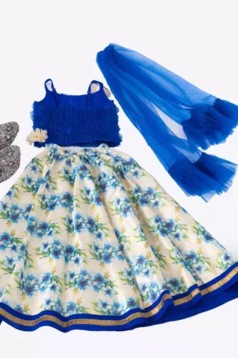 Elaisha girls ruffled spaghetti-strap top &  floral printed skirt set - blue & off white
