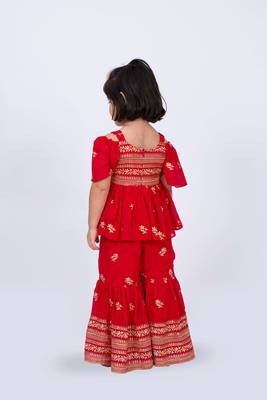Elaisha girls embroidered cold-shoulder peplum top & sharara pants co-ord set - red 4