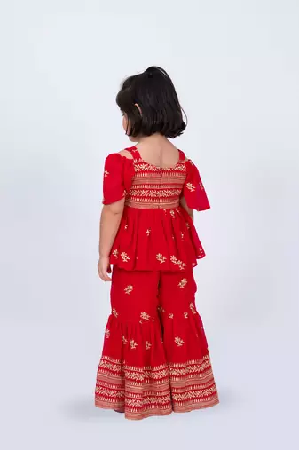 Elaisha girls embroidered cold-shoulder peplum top & sharara pants co-ord set - red