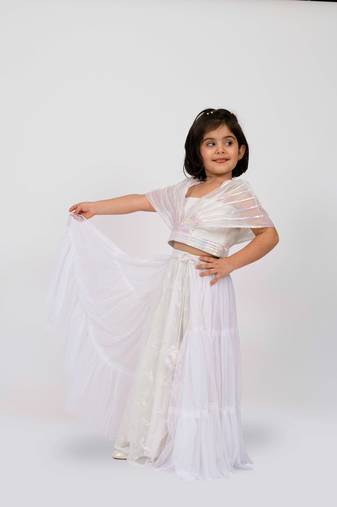 Elaisha girls designer crop top with drape dupatta & layered net skirt set - off white