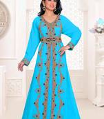 Cyan color luxurious full sleeves Handmade Moroccan Kaftan.