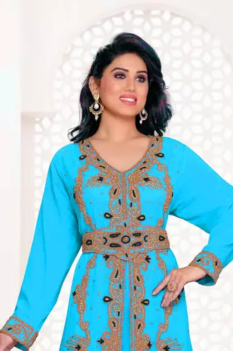 Cyan color full sleeves Handmade Moroccan Kaftan