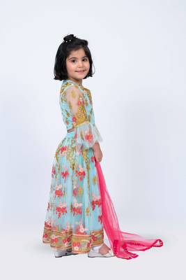 Elaisha girls floral motifs heavily embroidered top & ghagra with net dupatta set - sea green & pink 1