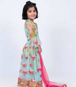 Elaisha girls floral motifs heavily embroidered top & ghagra with net dupatta set - sea green & pink