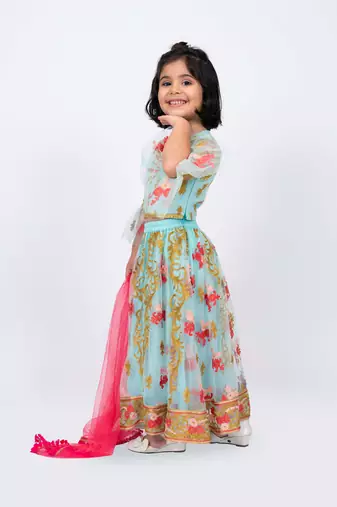 Elaisha girls floral motifs heavily embroidered top & ghagra with net dupatta set - sea green & pink