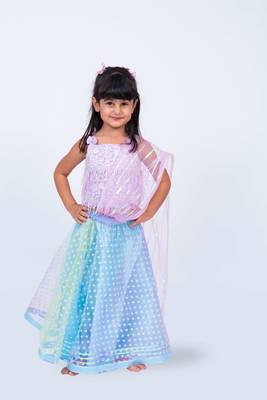 Elaisha girls sequin top with draped dupatta & printed net skirt set - mauve 1