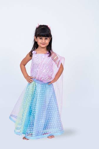 Elaisha girls sequin top with draped dupatta & printed net skirt set - mauve