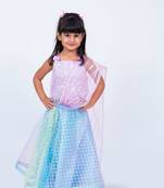 Elaisha girls sequin top with draped dupatta & printed net skirt set - mauve