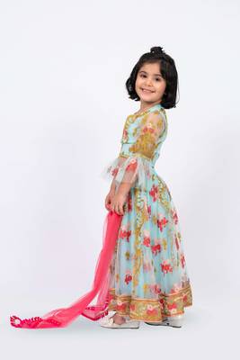 Elaisha girls floral motifs heavily embroidered top & ghagra with net dupatta set - sea green & pink 3