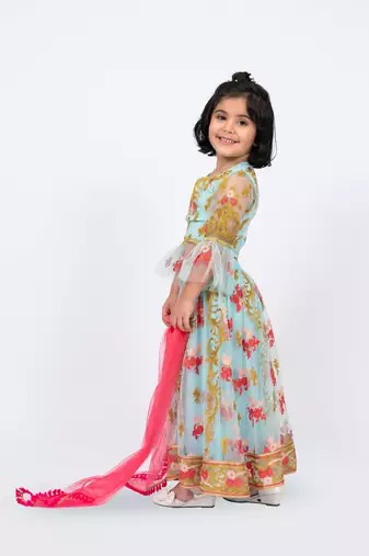 Elaisha girls floral motifs heavily embroidered top & ghagra with net dupatta set - sea green & pink