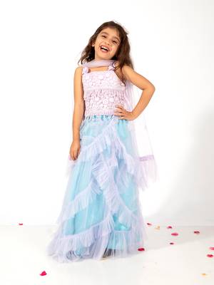 Elaisha girls  printed crop top & ruffled layered skirt with net dupatta set - mauve & pastle green 1