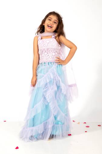 Elaisha girls  printed crop top & ruffled layered skirt with net dupatta set - mauve & pastle green