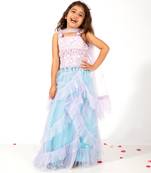 Elaisha girls  printed crop top & ruffled layered skirt with net dupatta set - mauve & pastle green