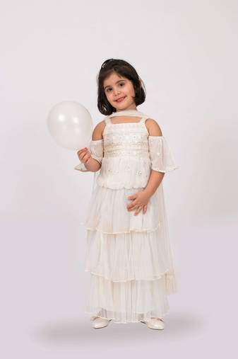 Elaisha girls embroidered cold shoulder top & tiered ruffled skirt set with net dupatta - off white