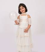 Elaisha girls embroidered cold shoulder top & tiered ruffled skirt set with net dupatta - off white