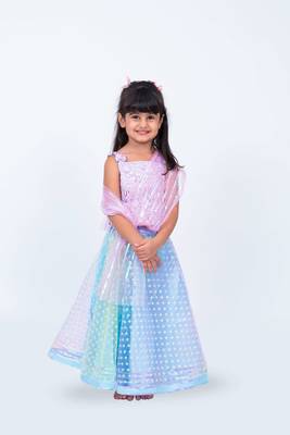 Elaisha girls sequin top with draped dupatta & printed net skirt set - mauve 2