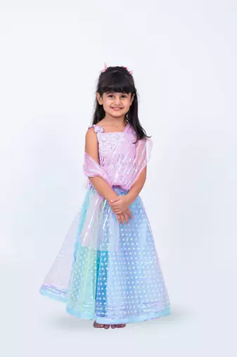 Elaisha girls sequin top with draped dupatta & printed net skirt set - mauve