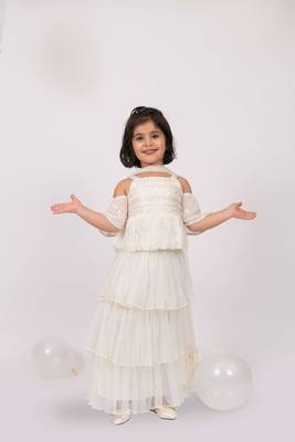Elaisha girls embroidered cold shoulder top & tiered ruffled skirt set with net dupatta - off white 2
