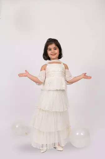 Elaisha girls embroidered cold shoulder top & tiered ruffled skirt set with net dupatta - off white
