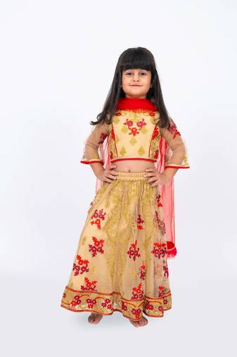 Elaisha girls floral motifs heavily embroidered top & ghagra with net dupatta set - beige & red