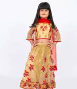 Elaisha girls floral motifs heavily embroidered top & ghagra with net dupatta set - beige & red