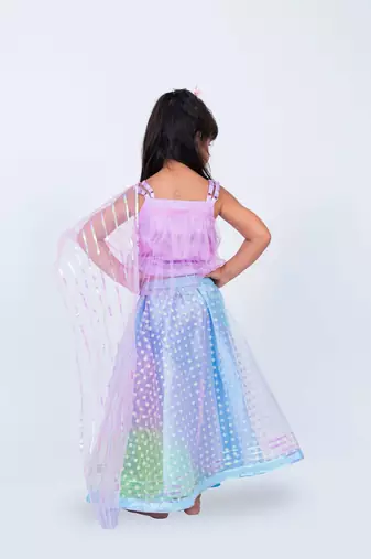 Elaisha girls sequin top with draped dupatta & printed net skirt set - mauve