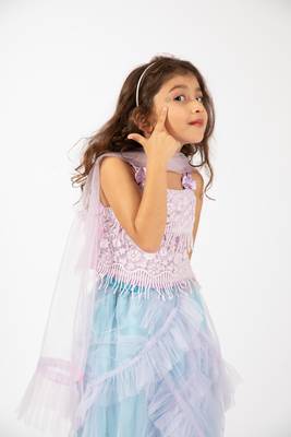 Elaisha girls  printed crop top & ruffled layered skirt with net dupatta set - mauve & pastle green 2