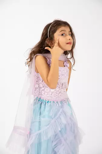 Elaisha girls  printed crop top & ruffled layered skirt with net dupatta set - mauve & pastle green
