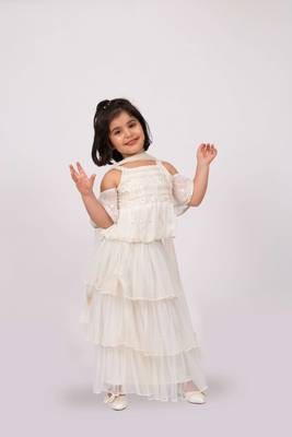 Elaisha girls embroidered cold shoulder top & tiered ruffled skirt set with net dupatta - off white 3