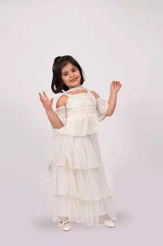 Elaisha girls embroidered cold shoulder top & tiered ruffled skirt set with net dupatta - off white