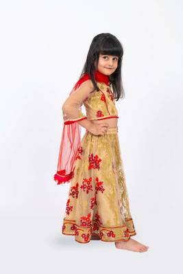 Elaisha girls floral motifs heavily embroidered top & ghagra with net dupatta set - beige & red 2