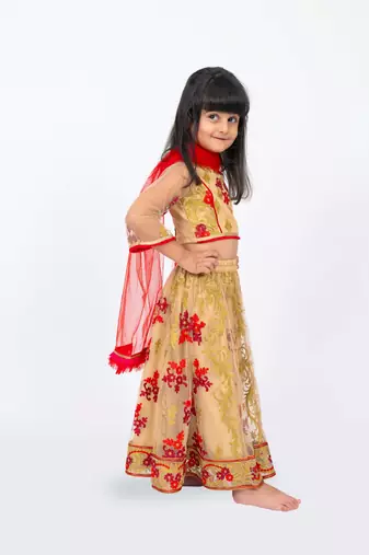 Elaisha girls floral motifs heavily embroidered top & ghagra with net dupatta set - beige & red
