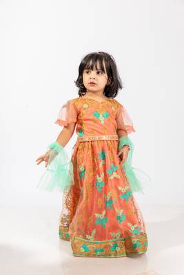 Elaisha girls traditional embroidered top & ghagra with net dupatta set - peach & sea green 1