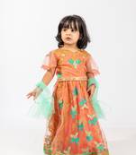 Elaisha girls traditional embroidered top & ghagra with net dupatta set - peach & sea green