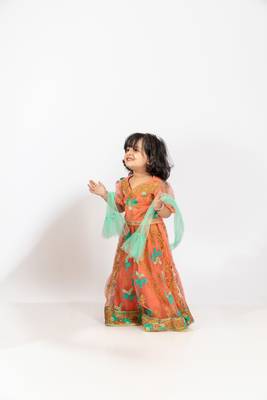 Elaisha girls traditional embroidered top & ghagra with net dupatta set - peach & sea green 2