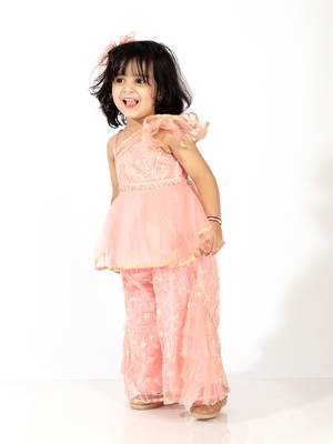 Elaisha girls  net embroidered peplum top & ruffled detailed sharara pants set- peach 1