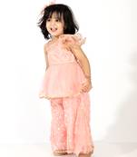Elaisha girls  net embroidered peplum top & ruffled detailed sharara pants set- peach