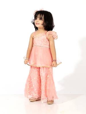 Elaisha girls  net embroidered peplum top & ruffled detailed sharara pants set- peach 2