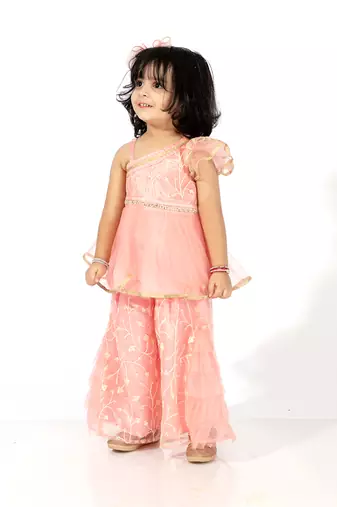 Elaisha girls  net embroidered peplum top & ruffled detailed sharara pants set- peach