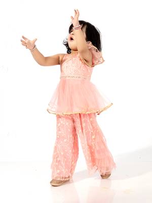 Elaisha girls  net embroidered peplum top & ruffled detailed sharara pants set- peach 3